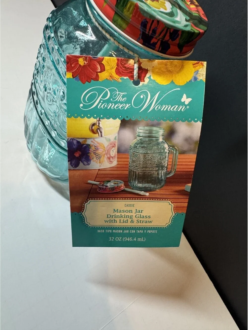 Pioneer Woman Teal Mason Jar Drinking Glass W/Lid & Straw 32 OZ NWT Cassie